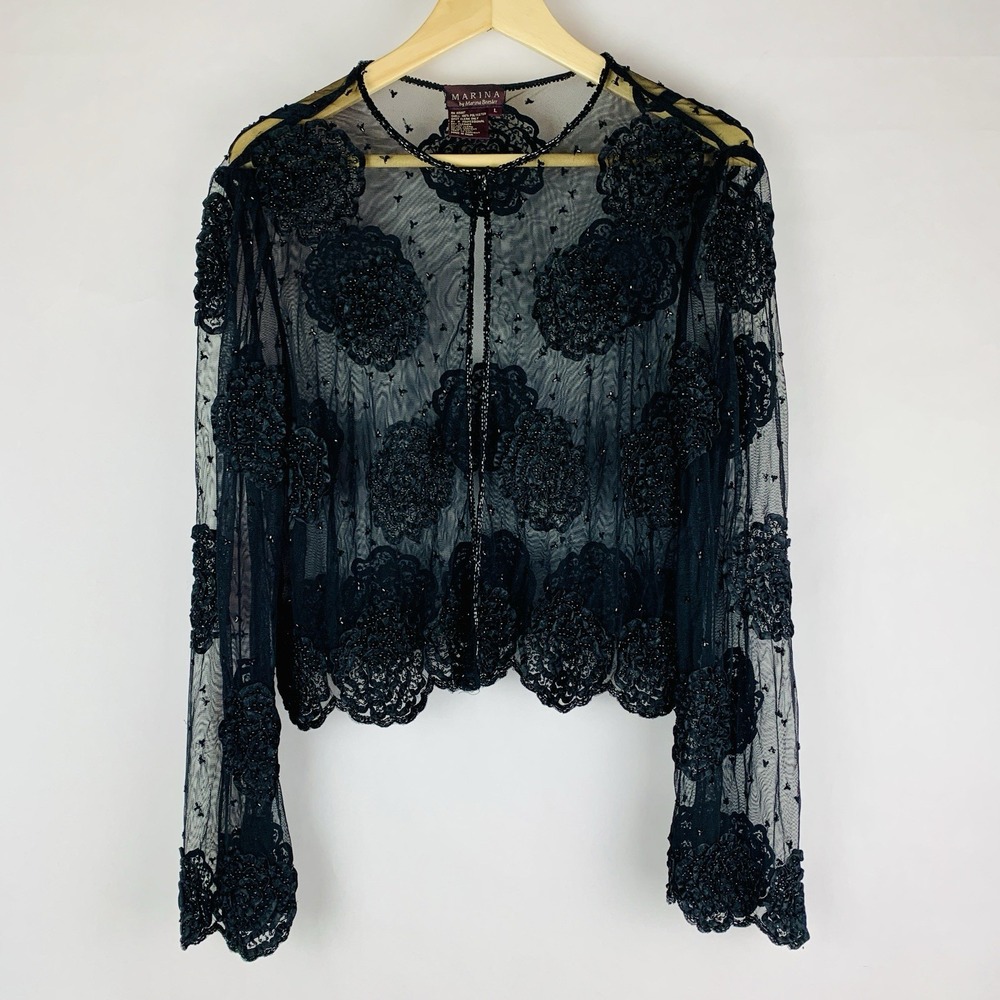 Marina Bresler Sheer Beaded Cardigan Topper Large Black Formal Evening Glam